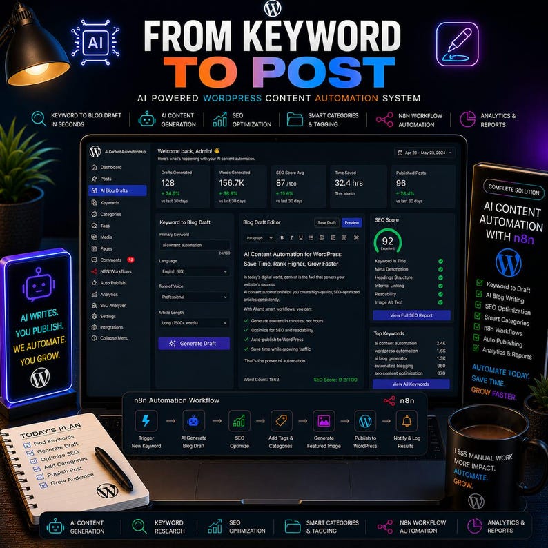 Pu&ograve; includere: Grafica digitale che promuove un sistema di automazione dei contenuti WordPress basato sull'IA. L'immagine presenta un laptop che mostra una dashboard, uno smartphone e un blocco note. Il testo recita "FROM KEYWORD TO POST" e "AI CONTENT AUTOMATION".