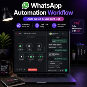 Könnte beinhalten: Ein Laptop zeigt ein WhatsApp-Automatisierungs-Workflow-Diagramm mit dem Text "WhatsApp Automation Workflow" und "Auto Sales & Support Bot". Der Bildschirm zeigt eine Chat-Oberfläche und Workflow-Schritte. Eine Tasse und ein Notizbuch sind ebenfalls sichtbar.