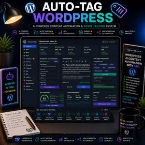 May include: A laptop displays the "Auto-Tag WordPress" interface, showcasing AI content automation and smart tagging. The screen shows data analytics, content generation tools, and SEO optimization features. A mug and a notepad are also visible.