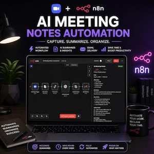 Könnte beinhalten: Ein Laptop zeigt die n8n AI Meeting Notes Automation-Oberfläche mit Workflow-Diagrammen und Datenvisualisierungen. Eine Tasse, ein Notizbuch und der Text "Automate Your Work. Reclaim Your Time" sind ebenfalls zu sehen.