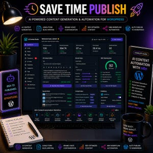 Puede incluir: Una pantalla de port&aacute;til muestra una interfaz de generaci&oacute;n y automatizaci&oacute;n de contenido de IA para WordPress. La imagen incluye un smartphone, un bloc de notas con un bol&iacute;grafo, una taza y una gu&iacute;a. El texto en la pantalla dice "Save Time Publish".