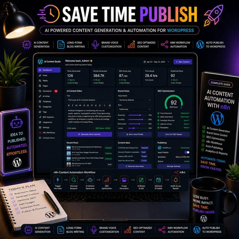 Puede incluir: Una pantalla de port&aacute;til muestra una interfaz de generaci&oacute;n y automatizaci&oacute;n de contenido de IA para WordPress. La imagen incluye un smartphone, un bloc de notas con un bol&iacute;grafo, una taza y una gu&iacute;a. El texto en la pantalla dice "Save Time Publish".