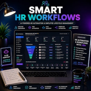 Könnte beinhalten: Ein Laptop zeigt HR-Workflow-Daten, einschließlich Mitarbeiter-Onboarding und Aufgabenautomatisierung. Ein Smartphone und ein Notizblock mit einem Stift liegen auf dem Schreibtisch. Das Bild enthält auch eine Tasse und ein Buch mit dem Titel "HR Automation & Workflows with n8n."