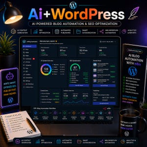 Puede incluir: Un gr&aacute;fico de marketing digital con el texto "Ai+WordPress" y "AI POWERED BLOG AUTOMATION & SEO OPTIMIZATION." La imagen incluye una computadora port&aacute;til que muestra datos, un bloc de notas, una taza y un tel&eacute;fono inteligente, todos promoviendo la automatizaci&oacute;n.