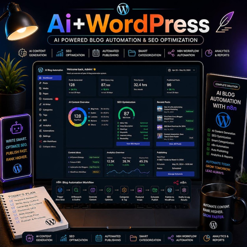 Puede incluir: Un gr&aacute;fico de marketing digital con el texto "Ai+WordPress" y "AI POWERED BLOG AUTOMATION & SEO OPTIMIZATION." La imagen incluye una computadora port&aacute;til que muestra datos, un bloc de notas, una taza y un tel&eacute;fono inteligente, todos promoviendo la automatizaci&oacute;n.