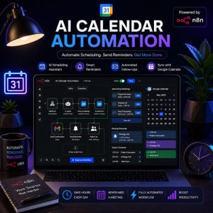 May include: A laptop displays "AI Calendar Automation" software, showcasing features like scheduling, reminders, and Google Calendar sync. The image includes a mug, notebook, and clock, with text promoting efficiency and productivity.