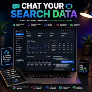 以下が含まれることがあります： 「CHAT YOUR SEARCH DATA」のテキストが表示されたSEOデータ分析グラフがノートパソコンに表示されています。 SEOインサイトが記載されたノートと、「DATA INSIGHTS BETTER SEO MORE TRAFFIC」と書かれたマグカップがあります。 AIを搭載したSEOインサイトデバイスも存在します。