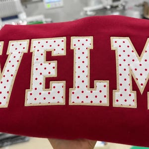 Custom Applique Varsity Sweatshirt, Polka Dot Embroidered Team Name Crewneck, Personalized Sports Team College Style Gift