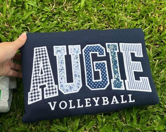 Custom Volleyball Crewneck, Personalized Team Name Sweatshirt, Embroidered Varsity Applique, Patchwork Volleyball Player Gift