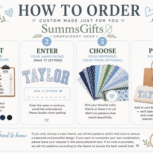 May include: An instructional infographic titled HOW TO ORDER from SummsGifts Embroidery Shop. It outlines four steps: selecting sweatshirt size and color, entering a name, choosing a color theme from fabric swatches, and placing the order.