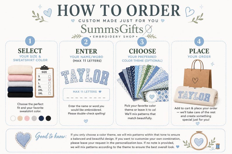 May include: An instructional infographic titled HOW TO ORDER from SummsGifts Embroidery Shop. It outlines four steps: selecting sweatshirt size and color, entering a name, choosing a color theme from fabric swatches, and placing the order.