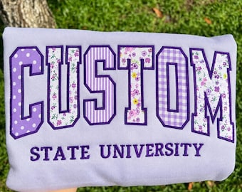Custom School Name Embroidered Sweatshirt, Personalized Varsity Applique College Crewneck, University Name Gift