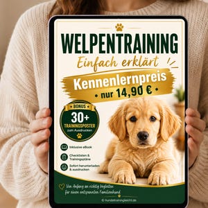 Puede incluir: Una pantalla de tableta digital que muestra una guía de entrenamiento para cachorros titulada WELPENTRAINING. El gráfico presenta un cachorro golden retriever, una banda dorada y texto sobre pósteres, listas y un eBook incluido.
