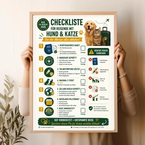 May include: A framed checklist titled CHECKLISTE FÜR REISENDE MIT HUND & KATZE featuring illustrations of a golden retriever and a tabby cat. The document outlines seven travel requirements for pets with icons, checkboxes, and a section on common errors.