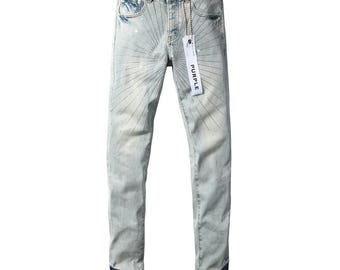Purple Brand Men's Stylish & Unique Blue Jeans — Featuring Diamond Accents and Printed Patterns