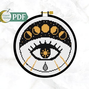 PDF Evil Eye Vibes Cross Stitch Pattern, Moon Phase Cross Stitch, Full Moon, Crescent Moon, Dark Academia, Witchy cross stitch pattern