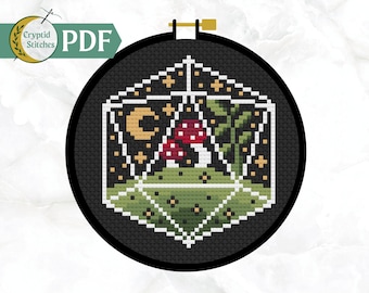 PDF Dnd cross stitch pattern, d20 cross stitch pattern, mushroom cross stitch, moon cross stitch, easy beginner cross stitch pattern