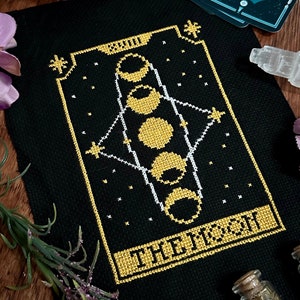 PDF Moon Tarot Cross Stitch Pattern, Moon Phase Cross Stitch, Full Moon, The Moon Tarot Card, Dark Academia, Witchy Cross Stitch Pattern