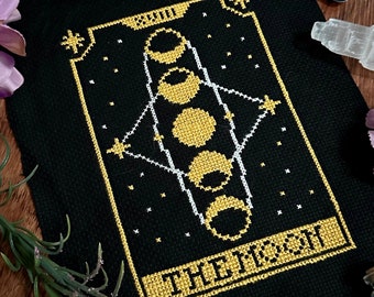 PDF Moon Tarot Cross Stitch Pattern, Moon Phase Cross Stitch, Full Moon, The Moon Tarot Card, Dark Academia, Witchy Cross Stitch Pattern