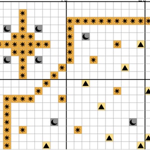 May include: A black and white cross stitch pattern with a variety of symbols including stars, moons, and triangles. The pattern is on a white grid background.