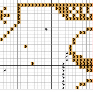 May include: A cross stitch pattern with a black and yellow color scheme. The pattern features a stylized letter "D" and a stylized letter "A" with a heart shape in the middle. The pattern is on a white grid background.