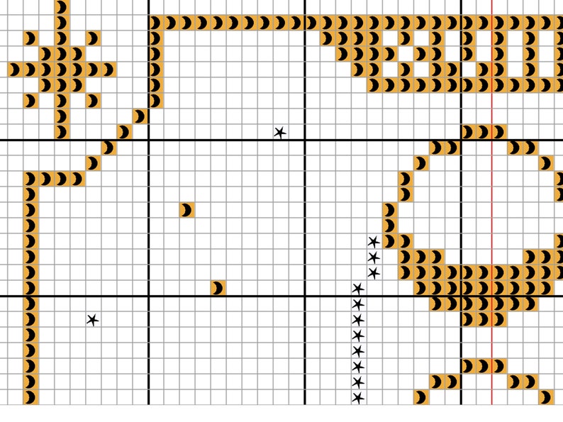 May include: A cross stitch pattern with a black and yellow color scheme. The pattern features a stylized letter "D" and a stylized letter "A" with a heart shape in the middle. The pattern is on a white grid background.