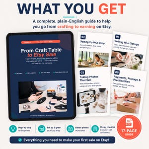 May include: A digital guide titled "From Craft Table to Etsy Sale" on a tablet, with sections on setting up a shop, taking photos, and writing listings. Includes a 17-page PDF guide and a checklist for launching with confidence.