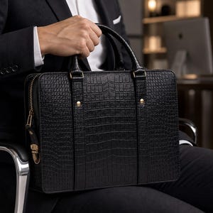 May include: A black rectangular briefcase featuring a textured crocodile skin pattern. The bag includes two top handles, vertical leather straps with gold-toned metal rivets, and a side zipper closure with a gold-toned metal pull and hardware.
