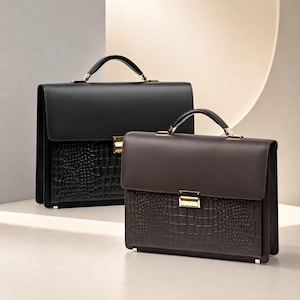 May include: Two structured briefcases, one in black and one in dark brown, featuring a smooth leather top flap and a textured crocodile-embossed leather lower section. Each bag includes a top handle, gold-tone metal hardware, and a central clasp.