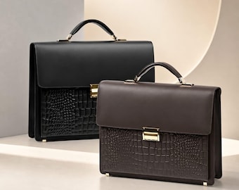 Krokodilprägung Leder Aktentasche | Zweifarbige Laptoptasche, Aktentasche mit goldfarbener Hardware
