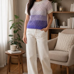 Crochet Summer Top Pattern PDF, Mesh Crochet Tshirt Tutorial, Gradient Purple Tee Pattern, Digital download