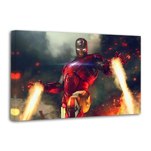 May include: A canvas print featuring Iron Man in a dynamic pose, clad in a red and gold armored suit. The artwork depicts Iron Man with energy beams emanating from his hands, set against a backdrop of smoke and fiery effects.