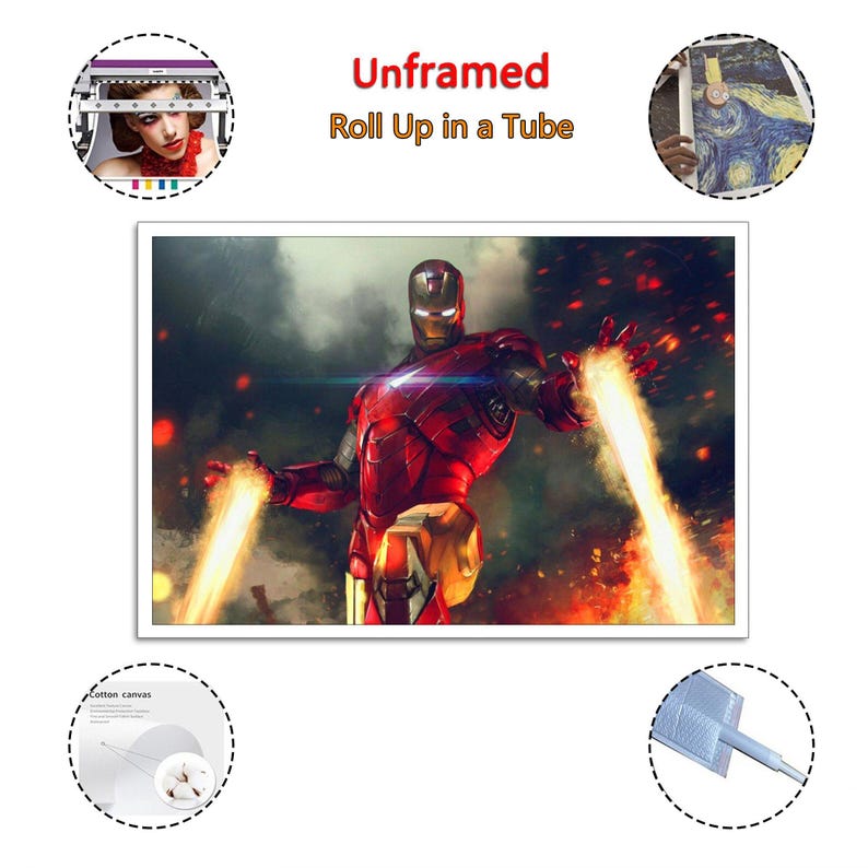 May include: An unframed canvas print featuring Iron Man in a dynamic pose, with bright energy beams emanating from his hands. The artwork showcases a red and gold armored suit against a fiery background. Text on the print reads "Unframed Roll Up in a Tube."