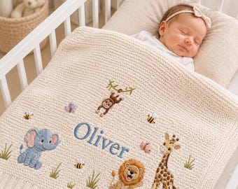 Custom Safari Baby Blanket, Personalized Name Embroidered Jungle Animal Newborn Blanket, Nursery Keepsake Gift