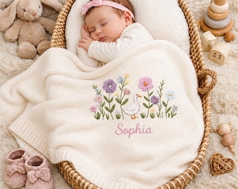 Spersonalizowany haftowany kocyk dla dziecka z motywem gęsi i kwiatów – dzianinowy koc z motywem dzikiej kaczki, ogłoszenie o baby shower, dziki kwiat kaczki, prezent dla noworodka