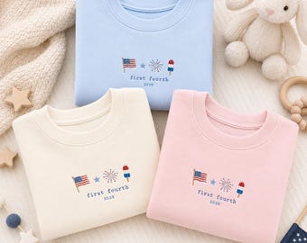 Embroidered First 4th of July Baby Shirt, Patriotic 2026 Cotton Jersey Tee, USA Summer Outfit Sizes 6M to 4T