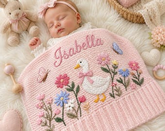 Personalized Cute Goose Baby Blanket, Custom Name Embroidered Cotton Floral Newborn Blanket, Baby Shower Gift