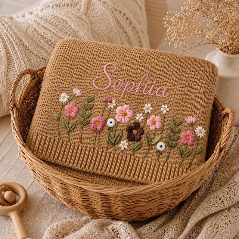 May include: A tan knitted blanket with the name "Sophia" embroidered in pink script. The blanket features a floral design with pink, white, and brown flowers, and green leaves. The blanket is in a woven basket.