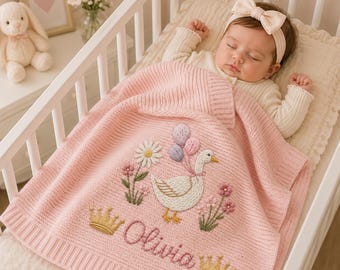 Spersonalizowany kocyk dla dziecka z koroną gęsi, haftowany kwiatowy wzór z imieniem, prezent na baby shower