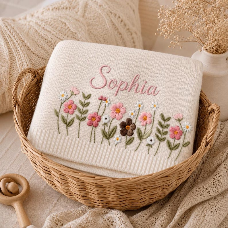 May include: Cream-colored baby blanket embroidered with the name "Sophia" in pink script. The blanket features a floral design with pink, white, and brown flowers, green leaves, and is displayed in a woven basket.
