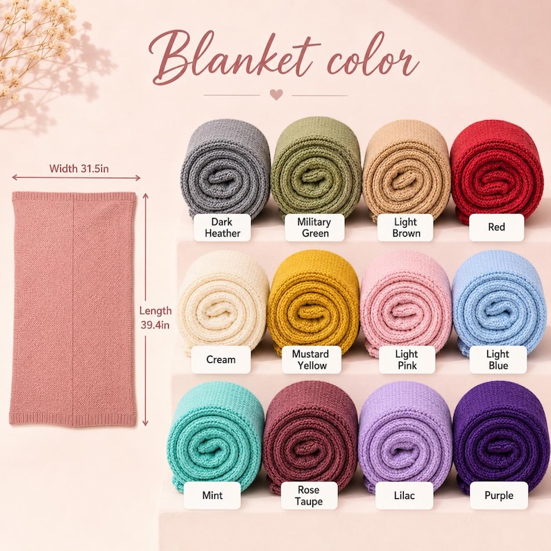 May include: A pink blanket, 31.5 inches wide and 39.4 inches long, is displayed next to a color chart. The chart shows rolled blankets in various colors, including dark heather, military green, light brown, and red. The text "Blanket color" is at the top.
