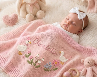 Custom Duck Baby Blanket, Personalized Name Embroidered Floral Knit Newborn Blanket, Nursery Keepsake Gift