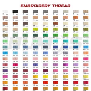 May include: Color chart of embroidery thread with numbered color swatches. The chart displays a wide range of colors, from light pastels to deep, rich hues. The text "EMBROIDERY THREAD" is at the top.