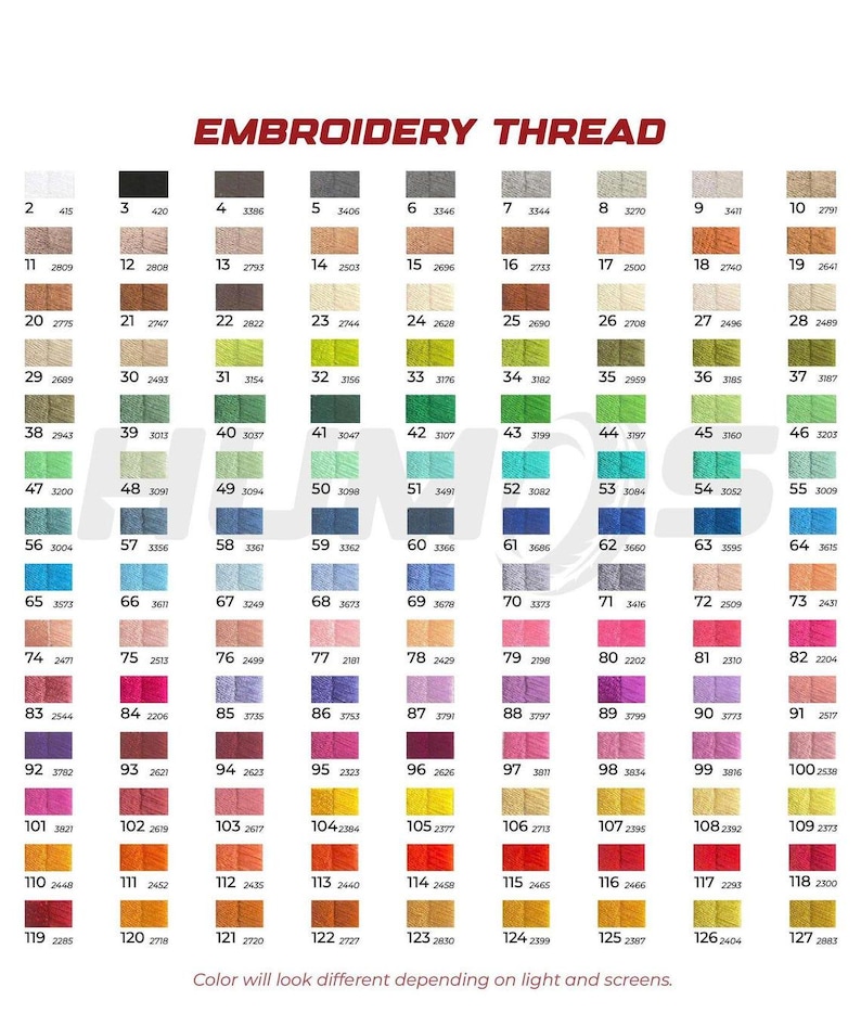 May include: Color chart of embroidery thread with numbered color swatches. The chart displays a wide range of colors, from light pastels to deep, rich hues. The text "EMBROIDERY THREAD" is at the top.
