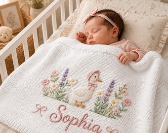 Spersonalizowany kocyk dla dziecka z kaczką, spersonalizowany haftowany wzór dzikich kwiatów, dzianinowy kocyk dla noworodka, prezent na baby shower