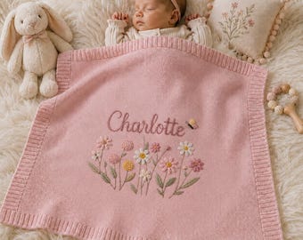 Personalized Butterfly Wildflower Baby Blanket, Custom Name Embroidered Floral Knit Newborn Blanket, Welcome Baby Gift