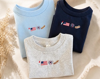 愛国的な刺繍入りベビー幼児用Tシャツ、男女兼用コットンジャージーTシャツ、7月4日キッズシャツ