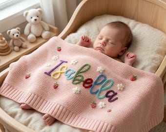 Custom Embroidered Baby Name Blanket, Personalised Newborn Gift for Baby Announcement & Baby Shower, Hand - Embroidered Name Keepsake