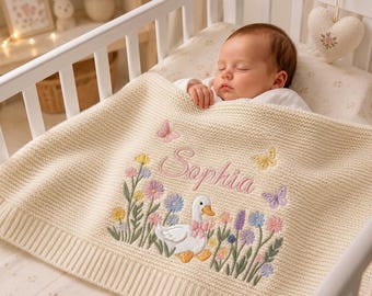Personalized Silly Goose Baby Girl Blanket, Custom Name Embroidered Wildflower Knit Newborn Blanket, Keepsake Gift