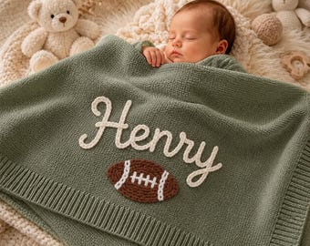 Personalized Football Baby Blanket – Custom Name Newborn Blanket, Sports Nursery Keepsake, Baby Shower Gift for Boys